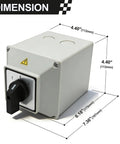 63A Changeover Switch With Box On Off On 3NO 3NC Universal Rotary Cam Selector For Power Transfer, Motor Control, Solar And Grid Switching UL Approved Heavy Duty Cam Switch With Flame Retardant Housing, gray box, 4.4 x 4.4 x 7.36 in