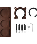 Adjustable Espresso Tamping Station Built From Premium Sapele Wood Handles 51-58mm Portafilters components and assembly parts.