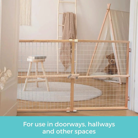 Extra Wide Wooden Baby Gate With Wire Mesh Pressure Mounted Gate For Doorways Adjustable 29.5 To 50 Inches Wide And 31 Inches Tall Kiddo Safe And Pet Friendly For Busy Homes