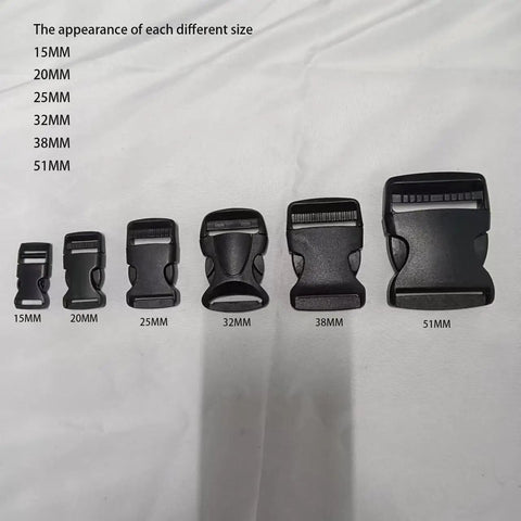 Heavy Duty Quick Side Release Buckle For Backpack Straps Built Tough Adjustable Plastic Clip Fasteners Durable Snap Buckle Clasp Fits 15mm 20mm 25mm 32mm 38mm 51mm Webbing Black in various sizes displayed on a white background.