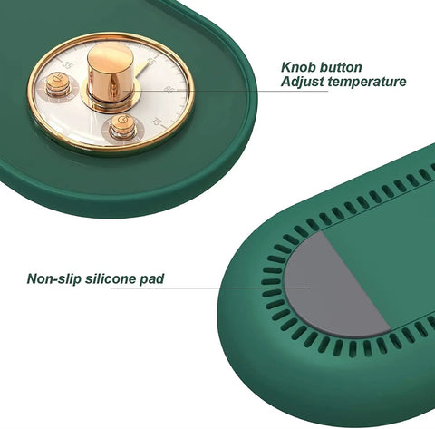 Close-up of the knob and non-slip silicone pad on the electric coffee mug warmer for adjusting temp. Keep Your Daily Java Straight Up Hot With This Electric Coffee Mug Warmer Boasting Five Smart Temp Settings And Auto Shut Off Across Any Desk Keeping Beverages Smooth Without The Cold Cup Blues.