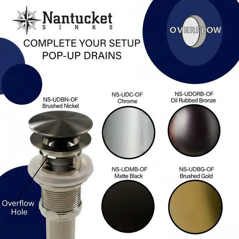 Diagram of Nantucket Sinks pop-up drains in various finishes, highlighting overflow hole for undermount white bathroom sink 18 by 12 inch interior rectangular bowl fits 24 inch vanity cabinet vitreous china high gloss finish scratch and stain resistant sick vanity upgrade with clean look.