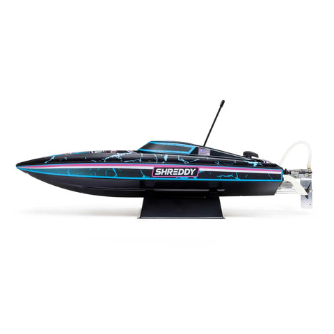 Recoil 2 18 Inch Brushless Shreddy RTR with Water-Cooled Motor and ESC Self-Righting Deep-V Hull side view on stand