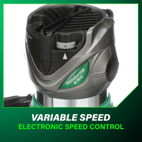 Close-up of fixed base router built for pros with 11 Amp variable speed power and two and one quarter peak HP, electronic speed control.