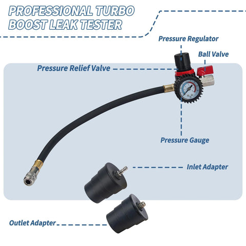 Turbo boost leak tester kit with pressure gauge, regulator, ball valve, hose, and two adapters.