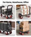 Heavy Duty Folding Platform Truck With Smooth As Butter TPR Wheels Steel Frame Hand Dolly Push Cart solid loaded with boxes and luggage on smooth floor.