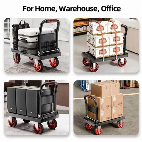 Heavy Duty Folding Platform Truck With Smooth As Butter TPR Wheels Steel Frame Hand Dolly Push Cart solid loaded with boxes and luggage on smooth floor.