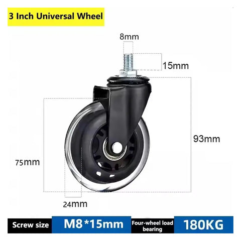 Caster Wheels 3 Inch PU Roller Set with M6 M8 M10 Screw Mounts 5 Piece Replacement Kit detailed 3-inch wheel dimensions