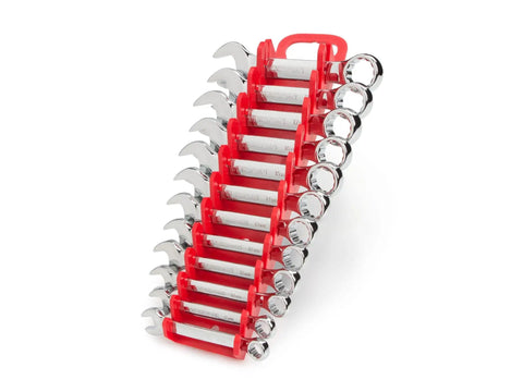 Stubby 12-Piece Wrench Set 8 To 19 mm With Holder Ultra Short Wrenches For Tight Spots Slim Bodies Chrome Finish in red holder