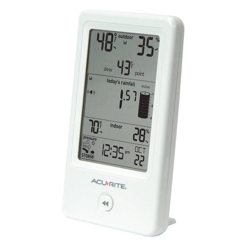Self Emptying Rain Gauge With Wireless Indoor Display And Outdoor Temperature And Humidity Sensor, showing rainfall data.