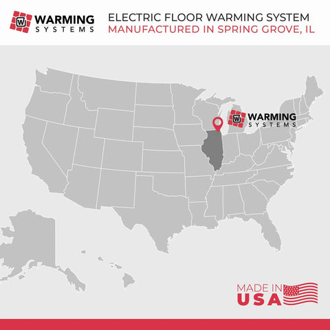 Map showing the location of Warming Systems in Spring Grove, IL; company manufactures 10 Sq Ft Electric Radiant Floor Heating Kit With 40 Ft Cable, 120V Heated Tile Floor System, UWG5 Programmable Thermostat With Floor Sensor, Easy Install And Installation Monitor, 25 Year Warranty, Made In USA.
