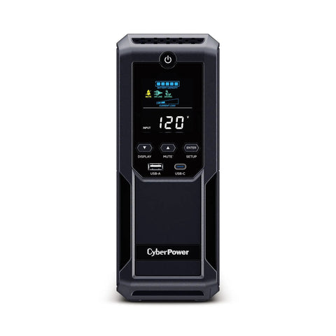 Front view of Intelligent LCD UPS Battery Backup And Surge Protector with 1500VA 900W Power 12 Outlets and 2 USB Ports AVR Boost Mini Tower UL Certified 5 Year Warranty for Home Office and Gaming.