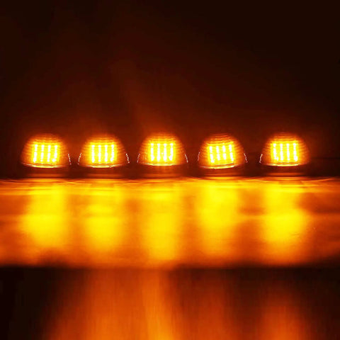 Five lit cab roof marker lights with smoked lens and 16 amber LEDs for Dodge Ram 1500 2500 3500 2003 Through 2016 Top Roof Running Lamps