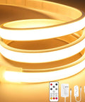 COB LED Strip Lights Pro 16.4Ft Warm White Dimmable Self Adhesive Rope Light with Remote Control shown coiled with accessories