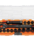 KNECT 15-Piece Pass Through Socket Set For SAE And Impact Drivers With MODbox Case Includes Pro Grade Sockets Bits Accessories And Three Eighths Inch Drive Adapter, displayed open with visible sockets and drive in case
