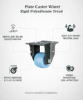 Heavy Lifter Rigid Plate Caster Wheel With Durable Polyurethane Tread For Workshop Builds And Industrial Carts Holds True Line Track Smooth Quiet Roll 5.5 X 4.0 X 5.9 Inches Single Unit angled view highlighting features and dimensions.