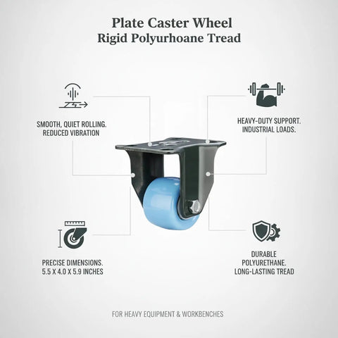 Heavy Lifter Rigid Plate Caster Wheel With Durable Polyurethane Tread For Workshop Builds And Industrial Carts Holds True Line Track Smooth Quiet Roll 5.5 X 4.0 X 5.9 Inches Single Unit angled view highlighting features and dimensions.