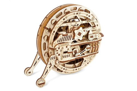 Mechanical Monowheel 3D Puzzle Kit Unicycle Style Wooden Steampunk Build For Adults Self Rolling Brain Teaser Model Kit Made Of Wood, wooden puzzle shown front view