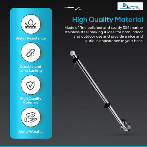 Stainless Steel Rail Mount Flag Staff Pole With Adjustable Clamps And 12x18 Inch US Flag, 15 3/16 Inch Length displayed on black background.