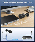 4K Ultra HD Security Camera System with 8.0 MP sensors connected to PoE network, demonstrating plug and play setup on desk.