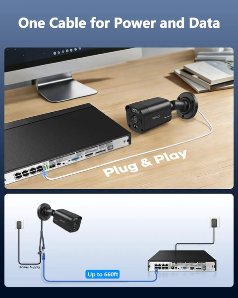 4K Ultra HD Security Camera System with 8.0 MP sensors connected to PoE network, demonstrating plug and play setup on desk.