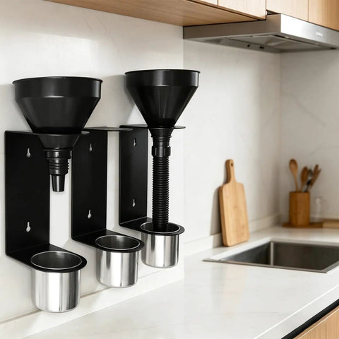 Kickass Wall Mounted Funnel Organizer Rack With Heavy Duty Iron Frame For Hella Tight Workshop Storage And Rust Resistant Industrial Shelf Brackets System, with black funnels and silver cups on a wall.
