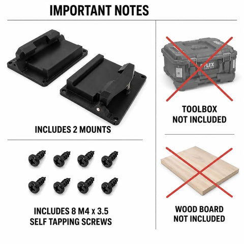 2 Pack Bottom Latch Mounts for Flex Stack Pack Toolbox Bracket; includes two mounts and screws; excludes toolbox and board.