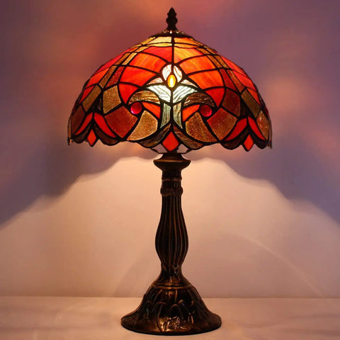 Tiffany Style Red Liaison Stained Glass Table Lamp With Antique Green Bronze Base, 12 Inch Shade And 18 Inch Tall Desk Bedside Light