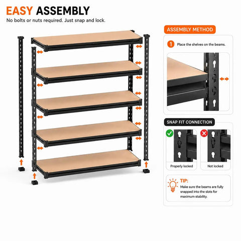 Heavy Duty 5 Tier Adjustable Metal Shelving Unit for Garage and Basement, 2500 lbs Total Capacity Storage Rack assembly method