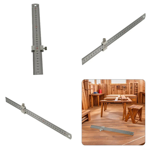 Pro Grade Steel Marking Gauge and Stop Ruler Set with 300mm Ruler and 12 Inch Stop Block in a workshop setting.