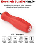 Close-up of red handle from Hard Handle 22 Piece Screwdriver Set With Black Rails Workhorse Stubby Standard And Long Bits Phillips Zero To Three Slotted One Eighth To Five Sixteenths Inches Torx T10 To T30 Includes Two Stubby Fourteen Standard Six Long Classic Rails Made In USA.