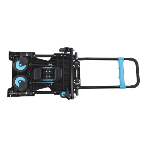 Two In One Folding Hand Truck Dolly Workhorse With Four Quiet TPR Wheels And 3 Level Adjustable Handle For Luggage Travel Office Moving Camping Outdoor Use Black Blue folded flatbed view