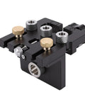 Heavy Duty Woodworking Doweling Jig Kit with Self Centering Anodized Aluminum Body and 6 8 10 mm Drill Bits plus 12mm Eccentric Wheel for Bulletproof Furniture Assembly and Perfect Cabinet Panel Joining Every Time, close-up of jig's tool features.