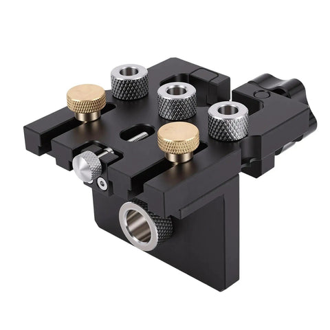 Heavy Duty Woodworking Doweling Jig Kit with Self Centering Anodized Aluminum Body and 6 8 10 mm Drill Bits plus 12mm Eccentric Wheel for Bulletproof Furniture Assembly and Perfect Cabinet Panel Joining Every Time, close-up of jig's tool features.