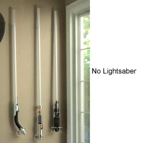 Three clear lightsaber wall mounts with clip hardware included, minimalist see-through blade display, easy install by window.