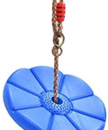 Daisy Disc Tree Swing With Rope Seat For Backyard Play Blue Monkey Swing Style 11 Inch Disc 6.5 Foot Rope Keeps It Safe And Fun For Lil Adventurers Indoors Or Outdoors, showing a close-up of the blue flower-shaped disc swing with attached rope.