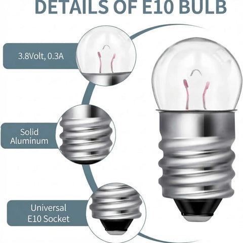 Details of 50 Pack E10 Miniature Screw Base Light Bulbs 3.8 Volt 0.3 Amp with aluminum socket and warm glow.