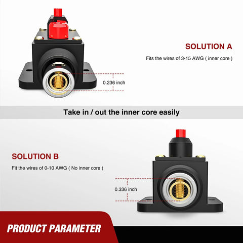 100A Inline Circuit Breaker With No Fuss Manual Reset For 12 To 24V DC Systems, Rugged Fuse Holder, Push Button Reset, Auto Protection For Cars Boats ATVs And Off Road Gear front view with wire size specs
