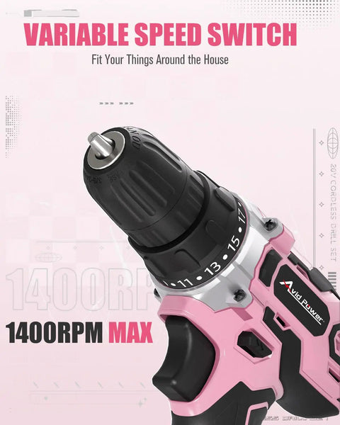 Close-up of pink 20V Max Cordless Drill Kit with variable speed switch, two speeds, and 3/8 inch keyless chuck for home projects.