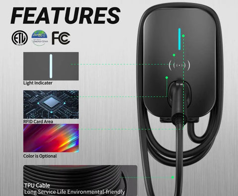Next Level Smart EV Charger 11.5KW 48Amp Level Two Electric Vehicle Charging Station features light indicator and RFID area.