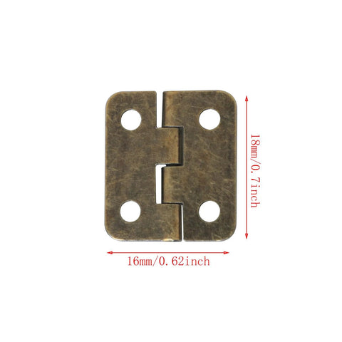 Mini Vintage Hinges Set With Screws, 20 Piece Bronze Pocket Flush Hinges, 18x16 mm, front view