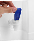 Hand operating blue faucet of Portable Water Dispenser And Compact Bucket Holder Faucet For Outdoor Camping And RV Use