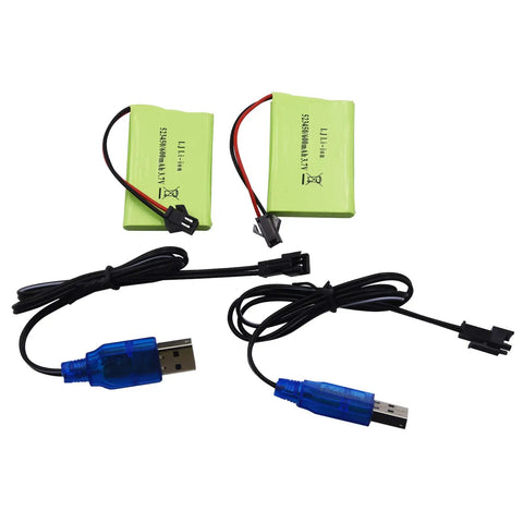 Two Pack 3.7V 600mAh Li-Ion Rechargeable Batteries with 2 USB Charger Cables for RC Dog Robot K9 Remote Control Toys, SM-2P Connector