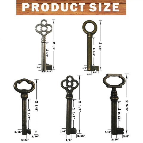 Heavy Duty Ten Piece Skeleton Key Set Milled From Solid Brass For Opening Antique Padlocks And Vintage Door Hardware Fits Like A Glove On Classic Cylinders Delivers Real Deal Operation With Zero Sweat Hassle, showing size measurements of each key.