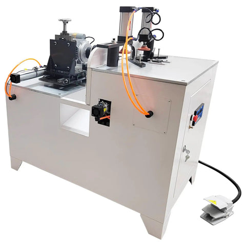 Pro Shop Grade 45 Degree Corner Cutting And Punching Machine With Dual Spindles And 8 Inch Alloy Saw Blade For Smooth Wood And Aluminum Fab Works Dead On Accuracy Drilling Up To 40 Mm Thick side view of machine showing motor and controls.