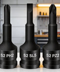 Heavy Duty Integrated Screw Tip Socket Kit With 3/8 Square Drive Featuring Chrome Steel Bodies And Versatile Bits For Home Repairs, DIY Projects And Routine Mechanical Care Services To Tackle Any Job With Ease. Three black S2 bits PH2 SL5 PZ2