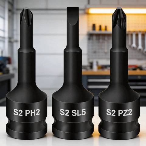 Heavy Duty Integrated Screw Tip Socket Kit With 3/8 Square Drive Featuring Chrome Steel Bodies And Versatile Bits For Home Repairs, DIY Projects And Routine Mechanical Care Services To Tackle Any Job With Ease. Three black S2 bits PH2 SL5 PZ2