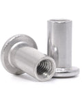 Kid Safe M6 X 15mm Binding Barrel Caps For Cribs, Zinc Plated Steel Screw Parts Compatible With Ikea Part 110301, two metal binding caps close-up.