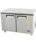 Real Deal Heavy Duty 48 Inch Commercial Undercounter Freezer Featuring Tough As Nails Stainless Steel Shell And No Sweat Climate Control For Solid Deep Freeze Storage In Bustling Pizzerias And Corner Diners, showing front view with two doors.