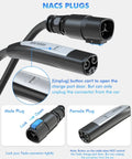 NACS plugs detail view with male and female connectors for Badass Nacs Ev Extension Cord Boasts Sweet 50 Amp Heavy Duty Build Perfect For Tesla 240v Level 2 Charge Up 21 Ft Boss Grade Cabling Rugged Design To Keep You Powered Up All Day Long And Cruise Free.